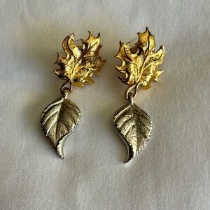 Vintage Avon Two-Tone Leaf Drop Earrings Gold & Silver Tone